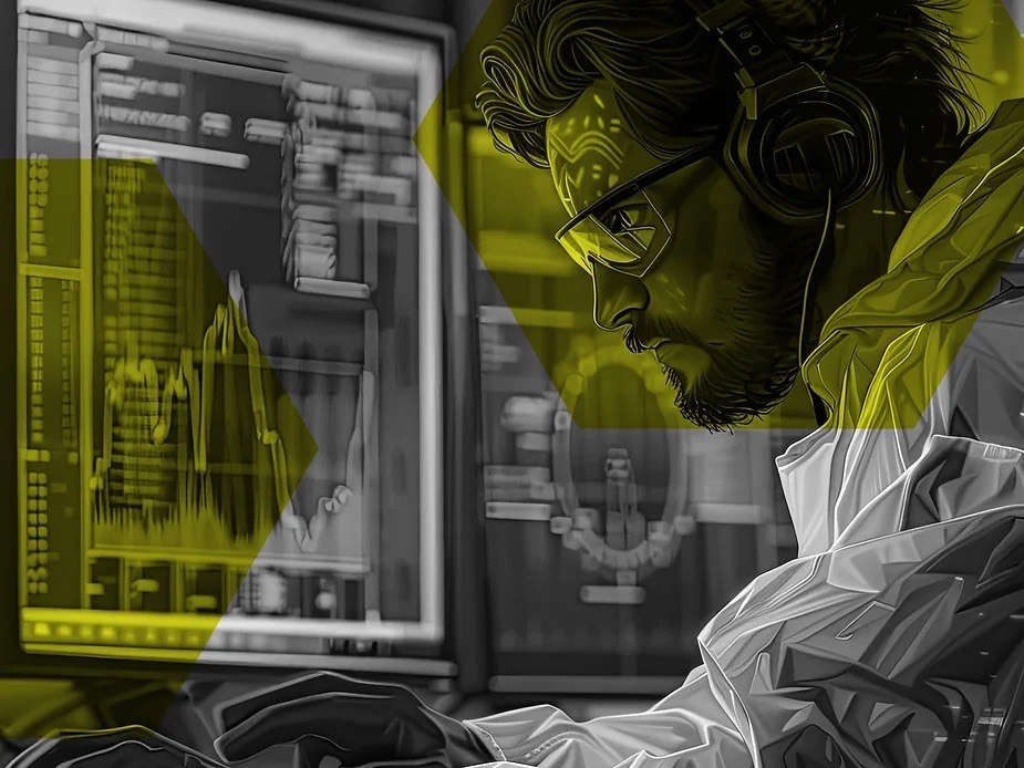 Analyst mit Headset vor Monitoren – Softwareentwicklung und Datenanalyse
